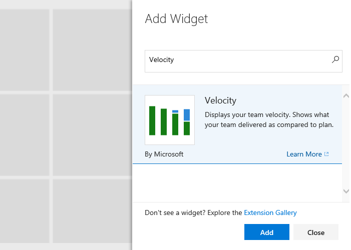 Captura de tela do widget Velocity no catálogo de widgets.