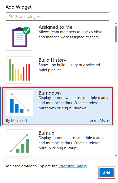 Captura de tela da caixa de diálogo Adicionar widget. O widget Burndown e o botão Adicionar são realçados.