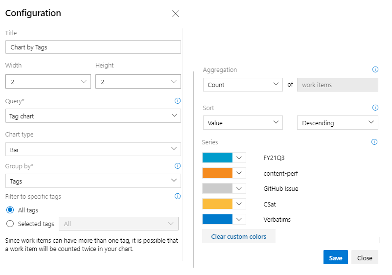 Captura de tela de Gráfico por itens de trabalho, Configurar, Agrupar por tags.