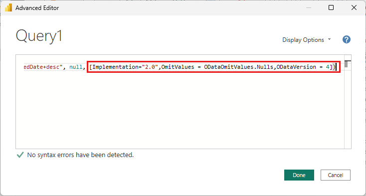 Captura de ecrã da janela do Editor Avançado. O final da consulta é visível. Ele contém a cadeia de caracteres de substituição e é realçado.