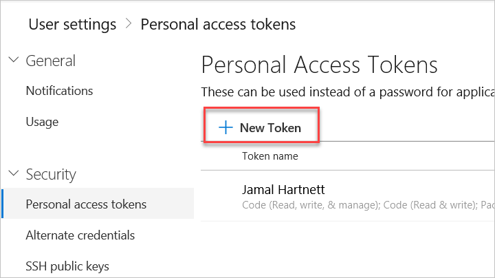 Captura de ecrã a mostrar a criação de um token de acesso pessoal no Servidor de DevOps do Azure.