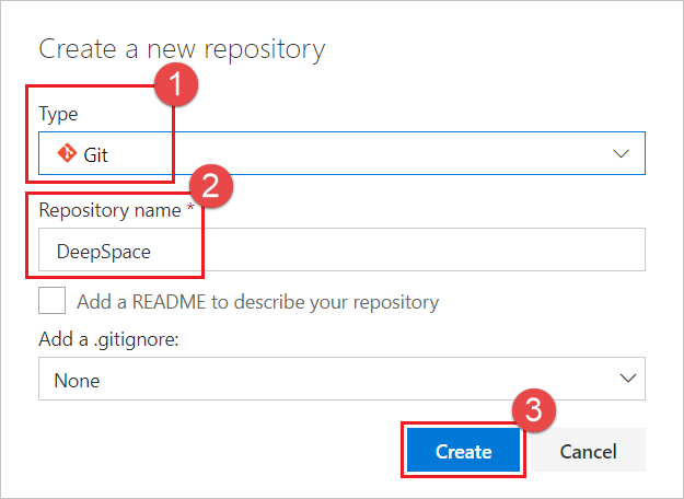 Defina opções para seu novo repositório na caixa de diálogo Criar um repositório Git