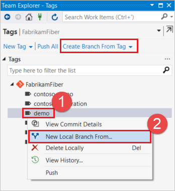 Captura de tela da criação de ramificação a partir da seleção de marcas no Visual Studio.