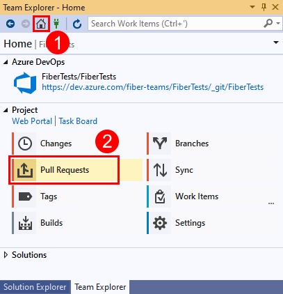 Captura de tela da opção 'Pull Requests' no Team Explorer no Visual Studio 2019.