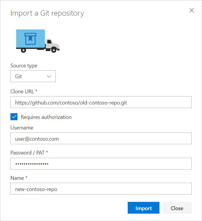 Caixa de diálogo Importar repositório