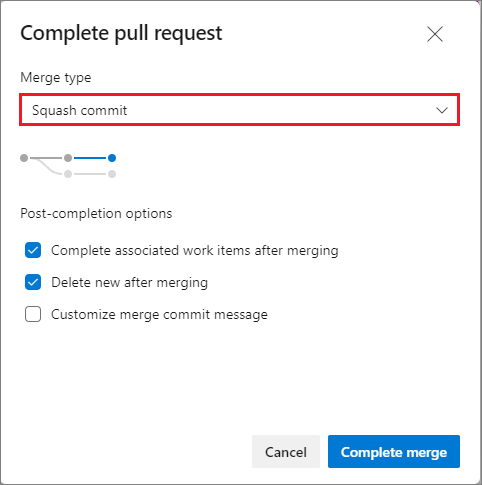Captura de tela mostrando o fechamento de uma solicitação pull com uma mesclagem de squash no Azure Repos.