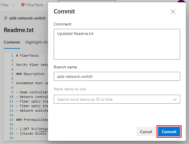 Captura de ecrã do diálogo de Commit nos repositórios do Azure.