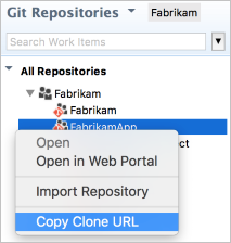 Copie a URL de clone do repositório Git no Team Explorer Everywhere com um clique com o botão direito do mouse