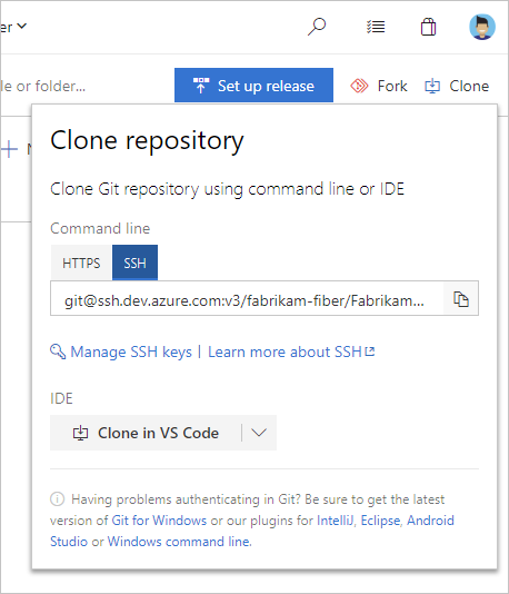 Captura de ecrã a mostrar o URL clonado SSH do Azure Repos