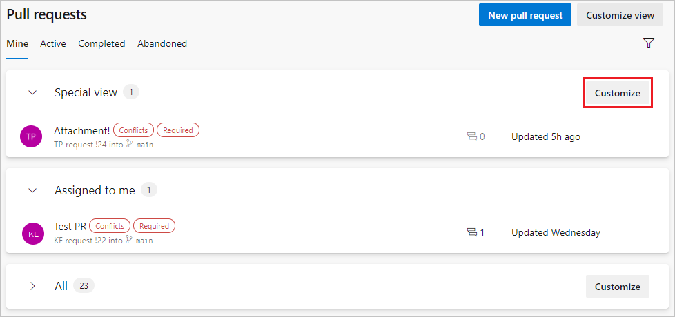 Captura de tela da página Pull Requests mostrando seções dobráveis.