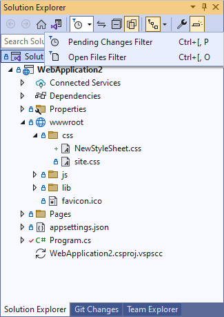 Captura de ecrã do Solution Explorer com projetos e ficheiros.