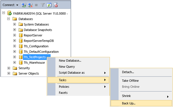 Captura de tela do painel Conectar mostrando o seguinte selecionado: FABRIKAM2014 > Tfs_TestProjects > Backup de Tarefas > .