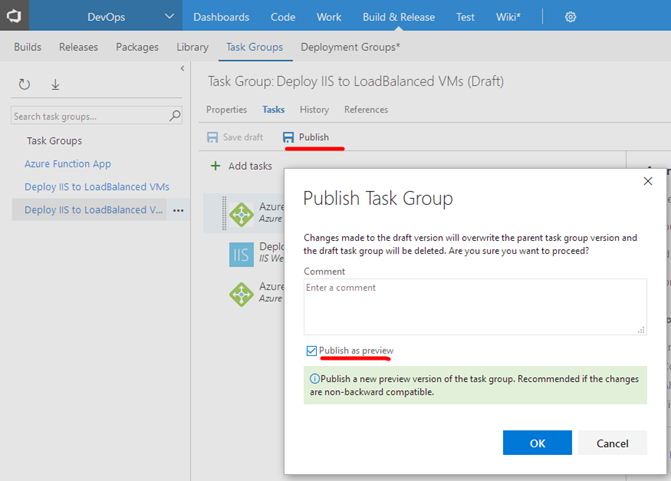 Publicar grupo de tarefas como pré-visualização