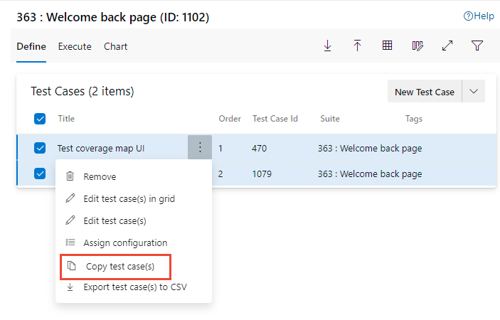 Captura de tela mostrando o menu Casos de teste Mais ações, opção copiar casos de teste.