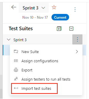 Captura de tela mostrando o menu Test Suite More Actions, opção Importar pacotes de teste.