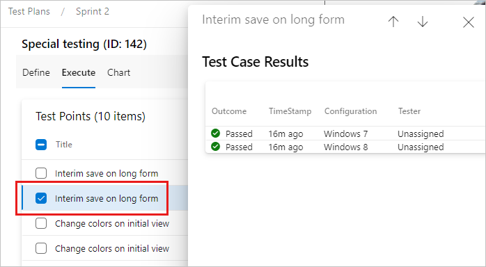 A captura de tela mostra os resultados do teste para um ponto de teste.