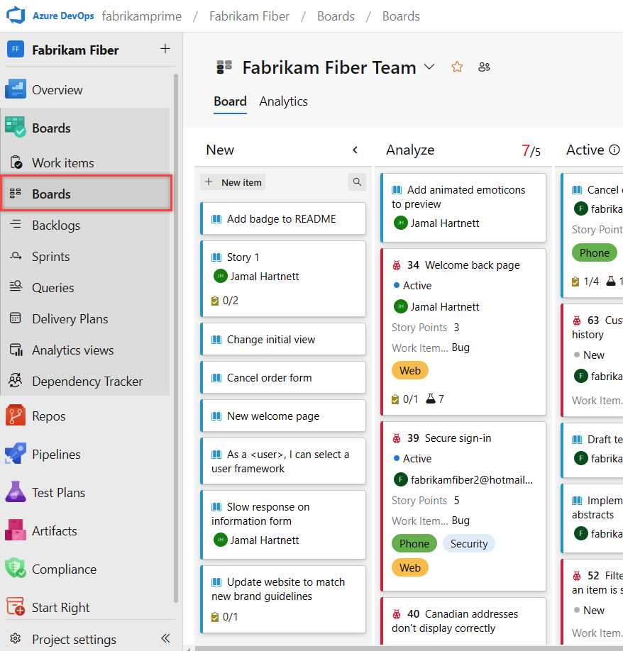 Registo de tarefas pendentes dos Quadros do Azure