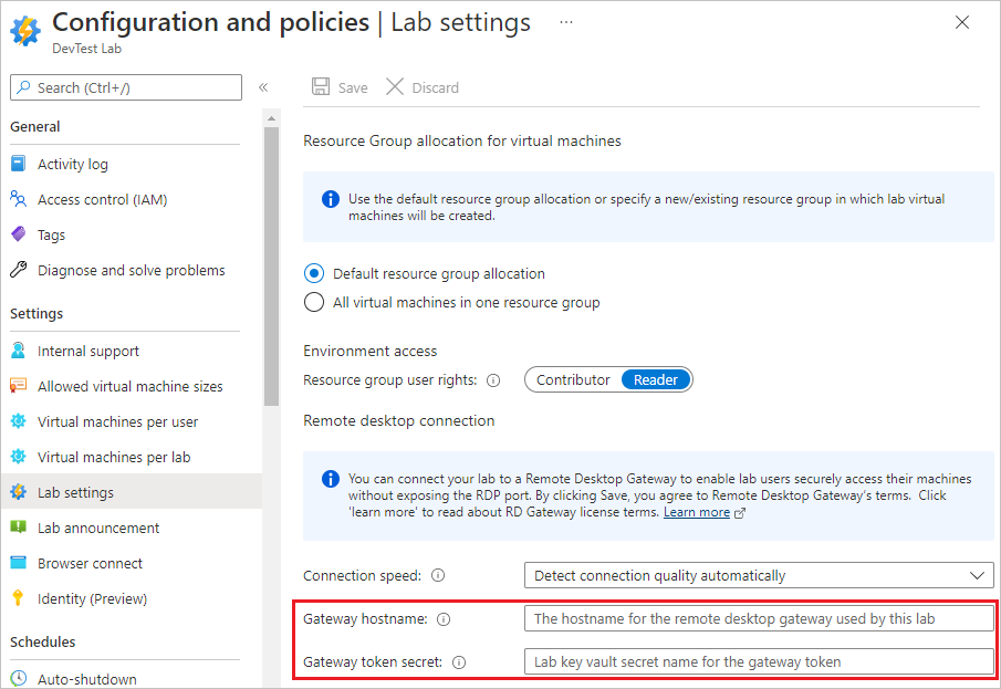 Captura de ecrã a mostrar as opções do Ambiente de Trabalho Remoto nas definições do Laboratório.