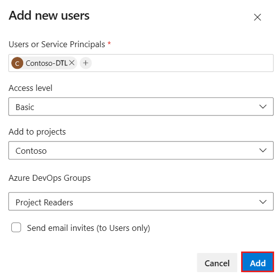 Captura de ecrã a mostrar Adicionar utilizadores, com entradas de exemplo e Adicionar realçadas.