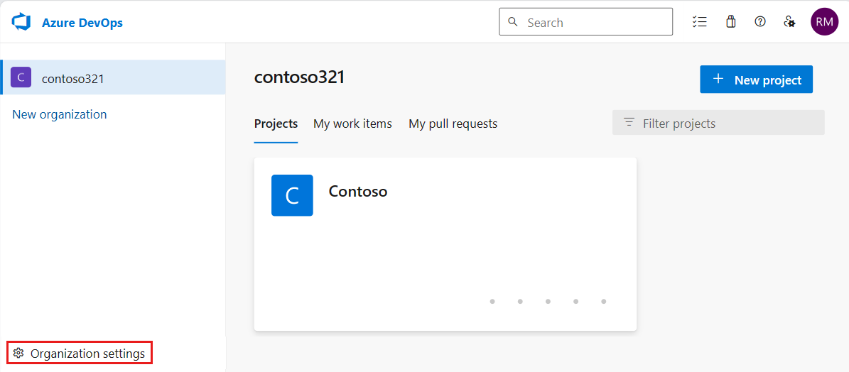 Captura de ecrã a mostrar a página da organização do Azure DevOps, com as Definições da Organização realçadas.