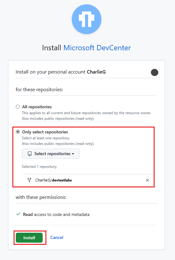 Captura de ecrã da página Instalar o Microsoft DevCenter, com um repositório selecionado e realçado.