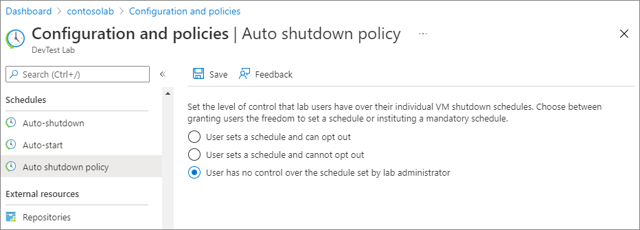 Captura de ecrã a mostrar a definição de opções de política de encerramento automático.