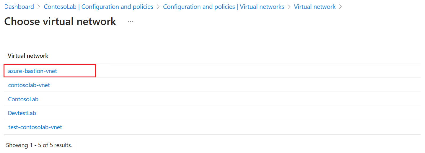 Captura de ecrã a mostrar a página Escolher rede virtual com uma lista de redes virtuais.