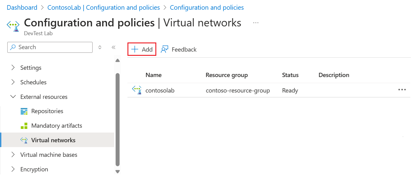 Captura de ecrã que mostra a página Redes virtuais de um laboratório com a opção Adicionar selecionada.