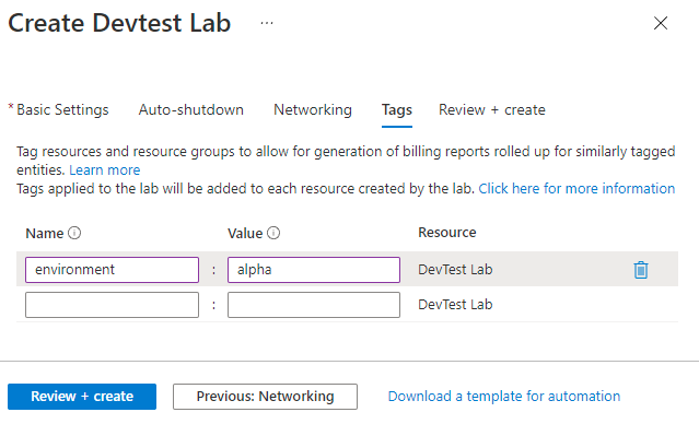 Captura de tela da guia Tags no formulário de criação do DevTest Labs.