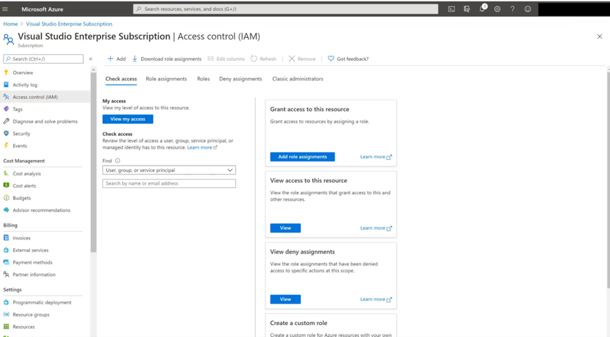 Gerencie o acesso à sua assinatura. Uma captura de tela da página de controle de acesso de assinatura do Visual Studio.