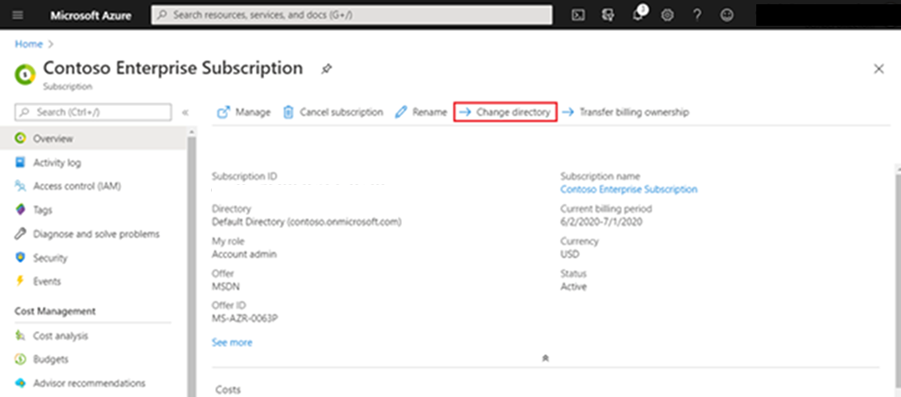 Selecione Alterar diretório. Uma captura de tela de uma página de Assinatura Contoso Enterprise com Change Directory realçado.