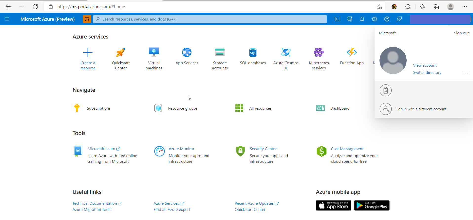 A identidade conectada está no canto superior direito do seu portal do Azure. Uma captura de tela do portal do Azure com a identidade realçada no canto superior direito.