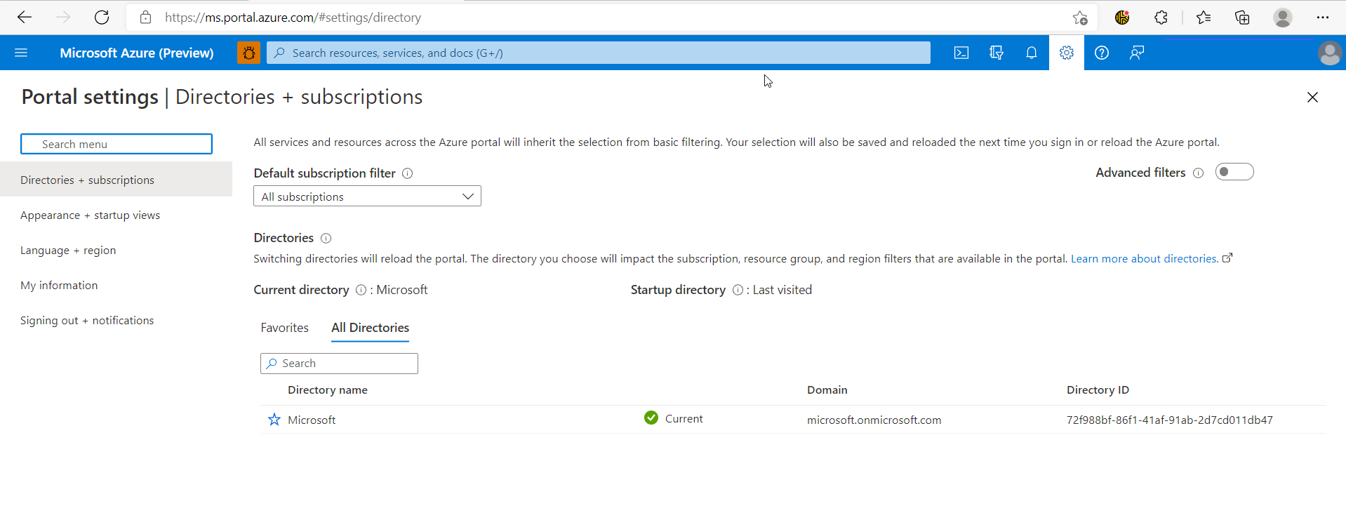 Alterne diretórios selecionando 'Switch directory'. Escolha o diretório desejado. Uma captura de tela da janela Diretório e Assinatura no portal do Azure.