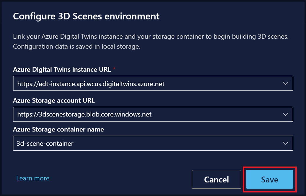 Captura de tela do 3D Scenes Studio destacando o botão Salvar para o ambiente.