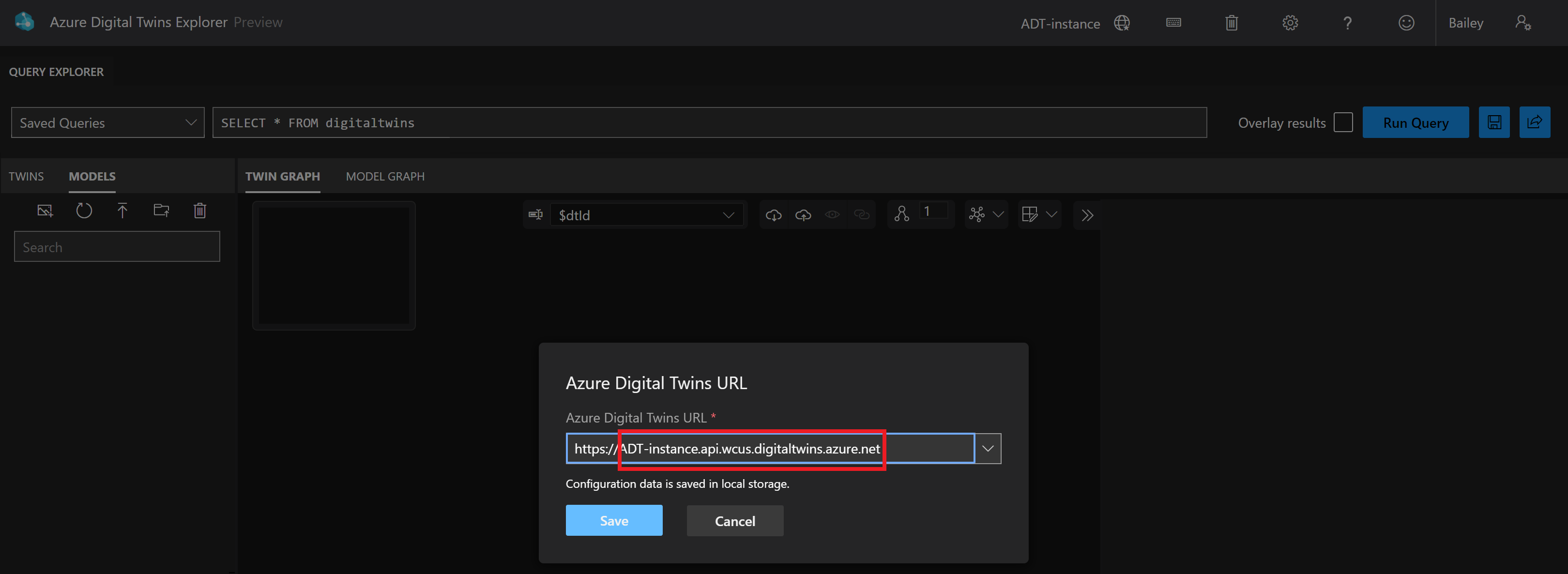 Captura de ecrã do Explorador do Azure Digital Twins. O modal de URL do Azure Digital Twins apresenta uma caixa editável que contém https:// e um nome de anfitrião.