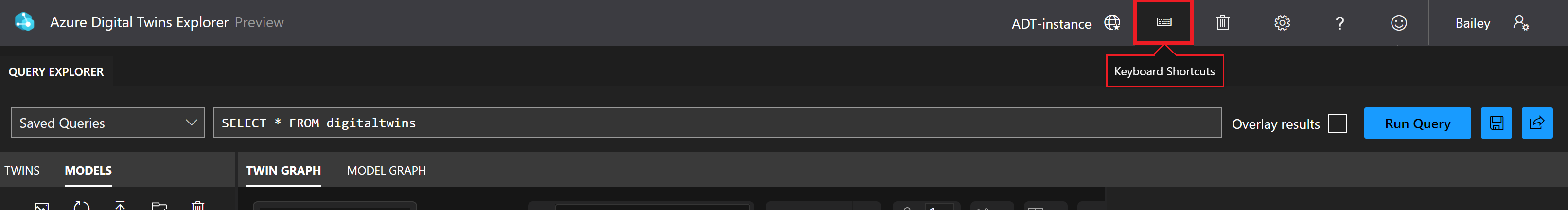 Captura de ecrã do Explorador do Azure Digital Twins. O ícone Atalhos de Teclado está realçado na barra de ferramentas superior.