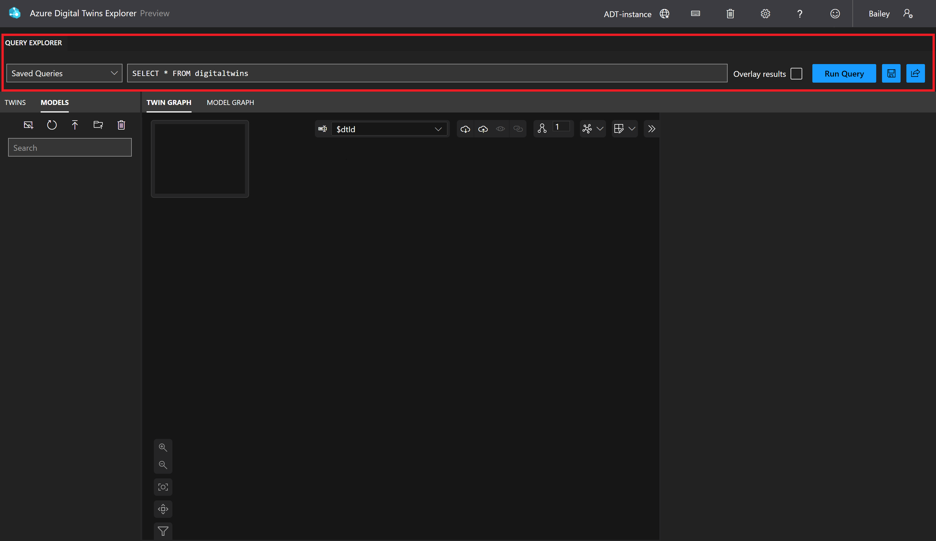 Captura de ecrã do Azure Digital Twins Explorer. O painel Explorador de Consultas está realçado.