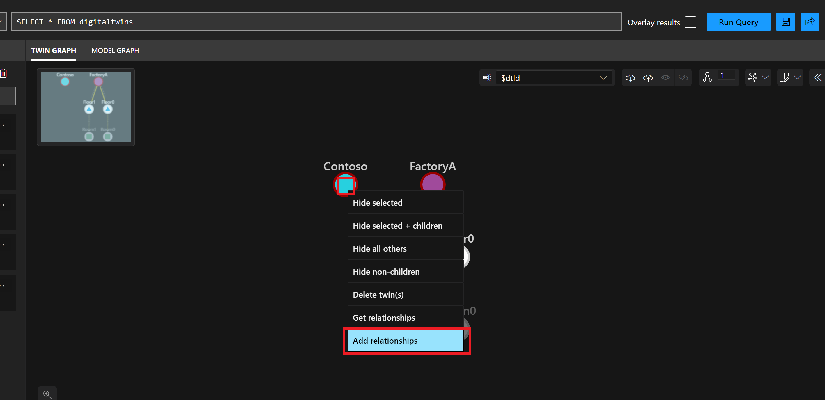 Captura de ecrã a mostrar o painel Graph do Azure Digital Twins Explorer Twin. Os duplos FactoryA e Consumer estão selecionados e um menu mostra a opção Adicionar relações.