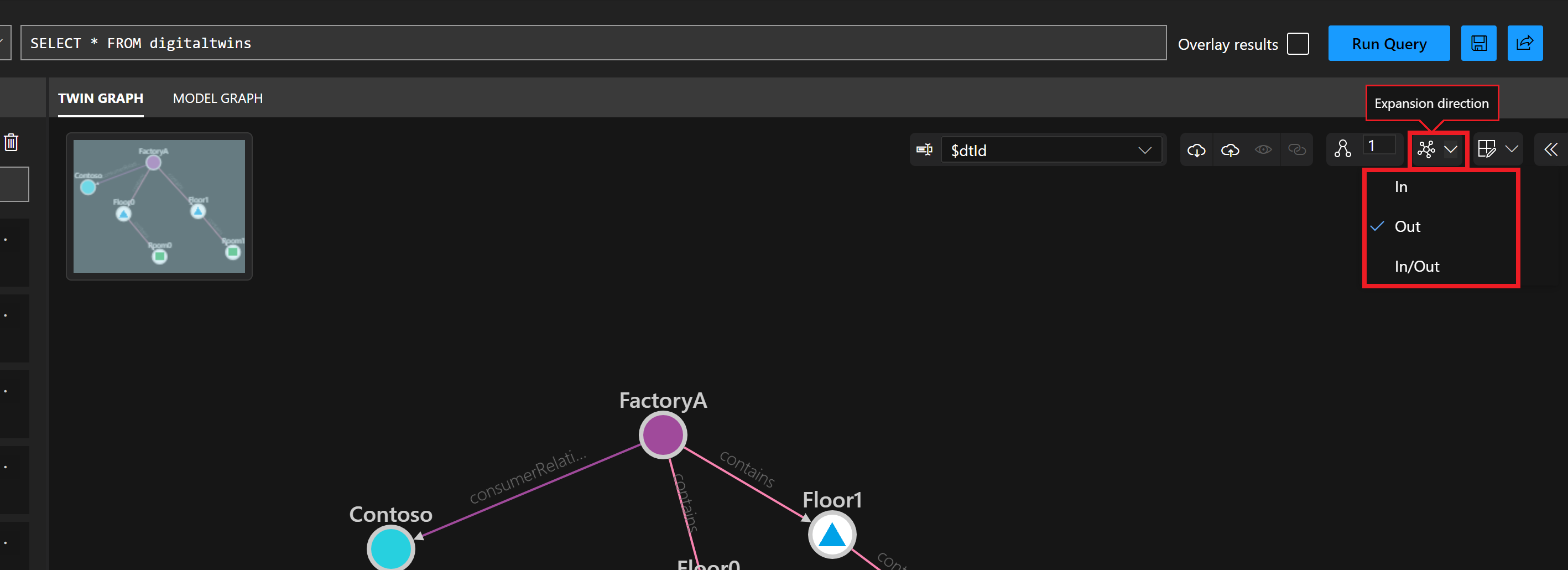 Captura de ecrã a mostrar o painel Graph do Azure Digital Twins Explorer Twin. O botão Direção da Expansão está realçado, mostrando um menu com as opções In, Out e In/Out.