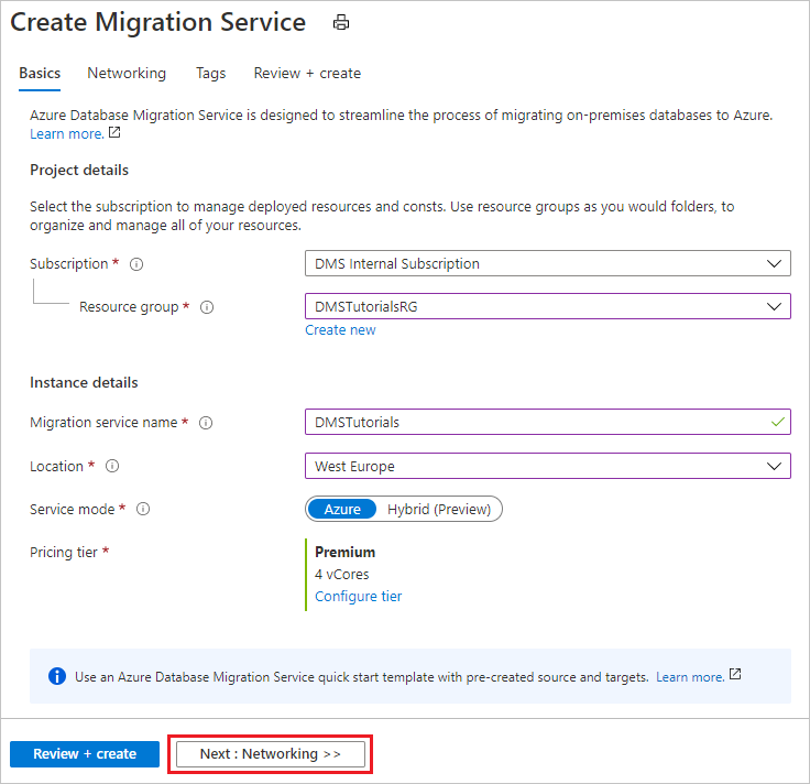 Definir configurações básicas da instância do Serviço de Migração de Banco de Dados do Azure