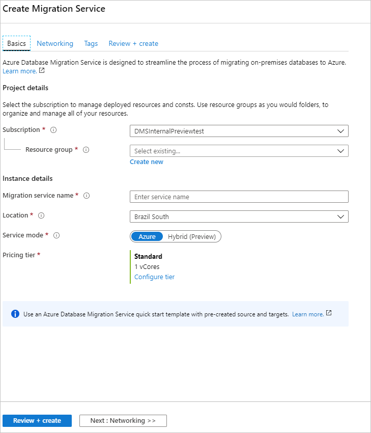 Configurar as definições da instância do Azure Database Migration Service