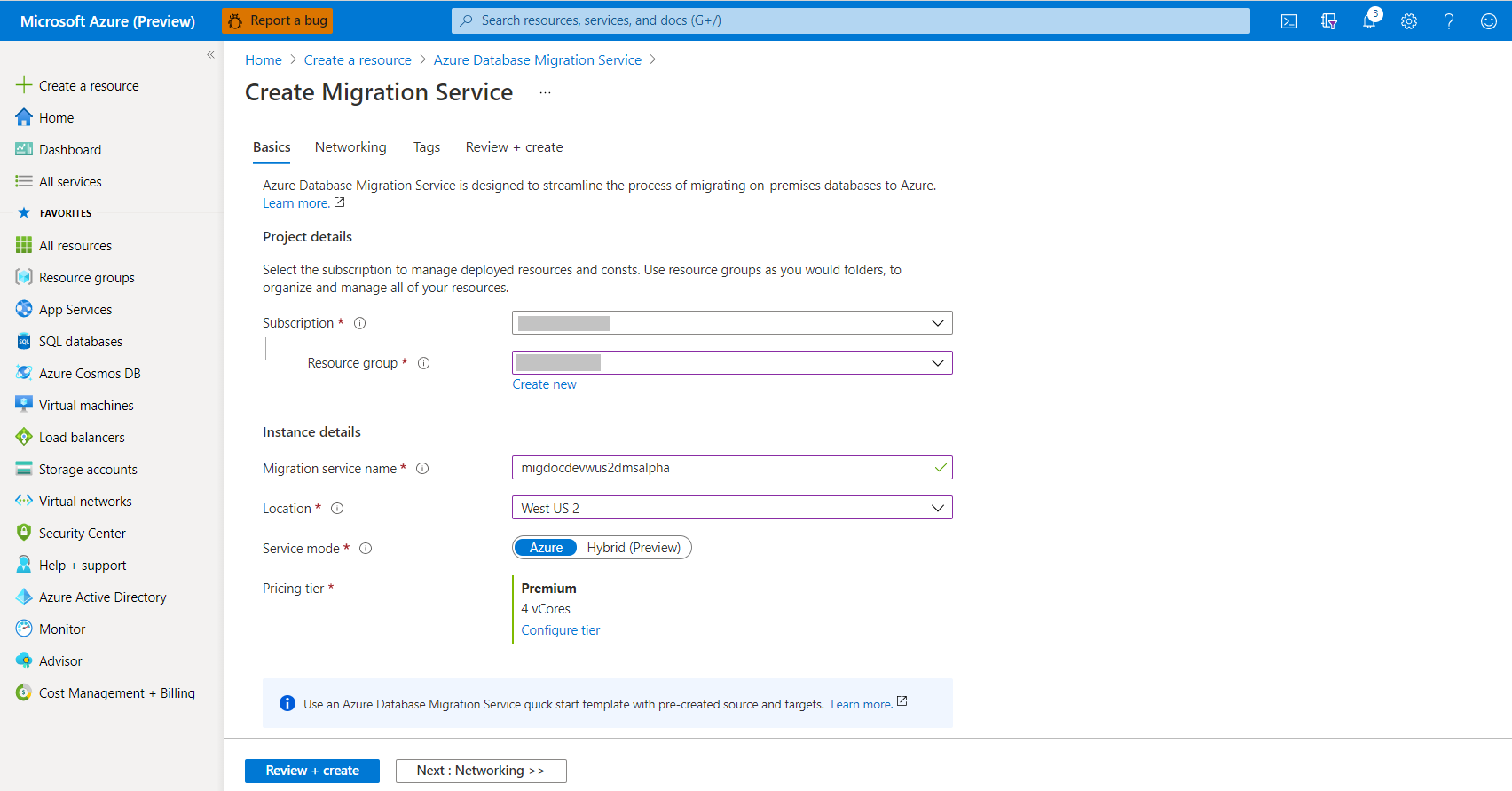 Configurar Azure Database Migration Service configurações básicas