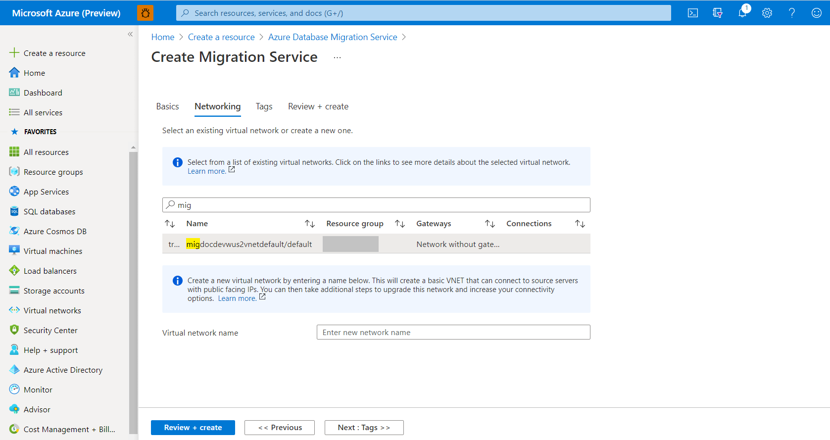 Configurar Azure Database Migration Service definições de rede
