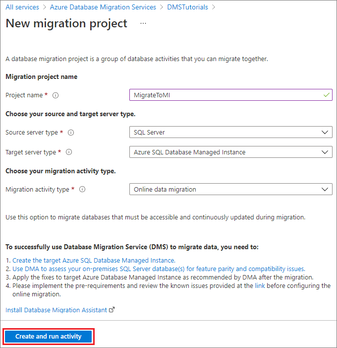Criar Projeto do Azure Database Migration Service