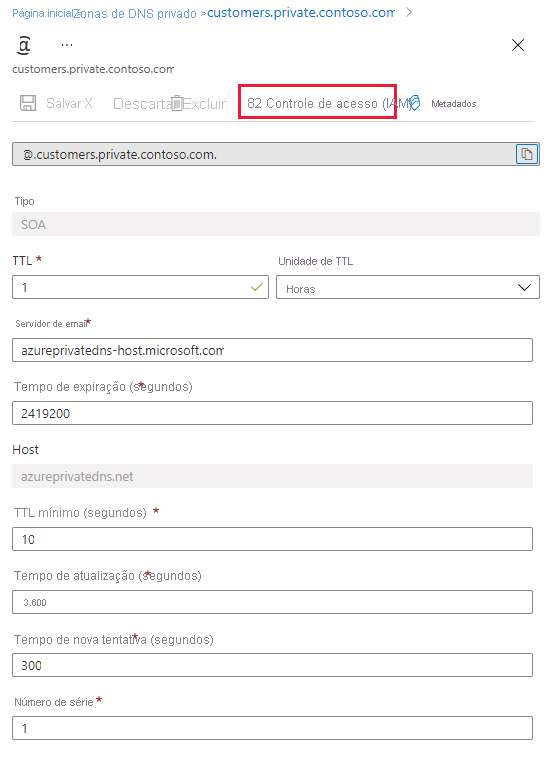 Captura de ecrã do RBAC para conjunto de registos DNS privados.