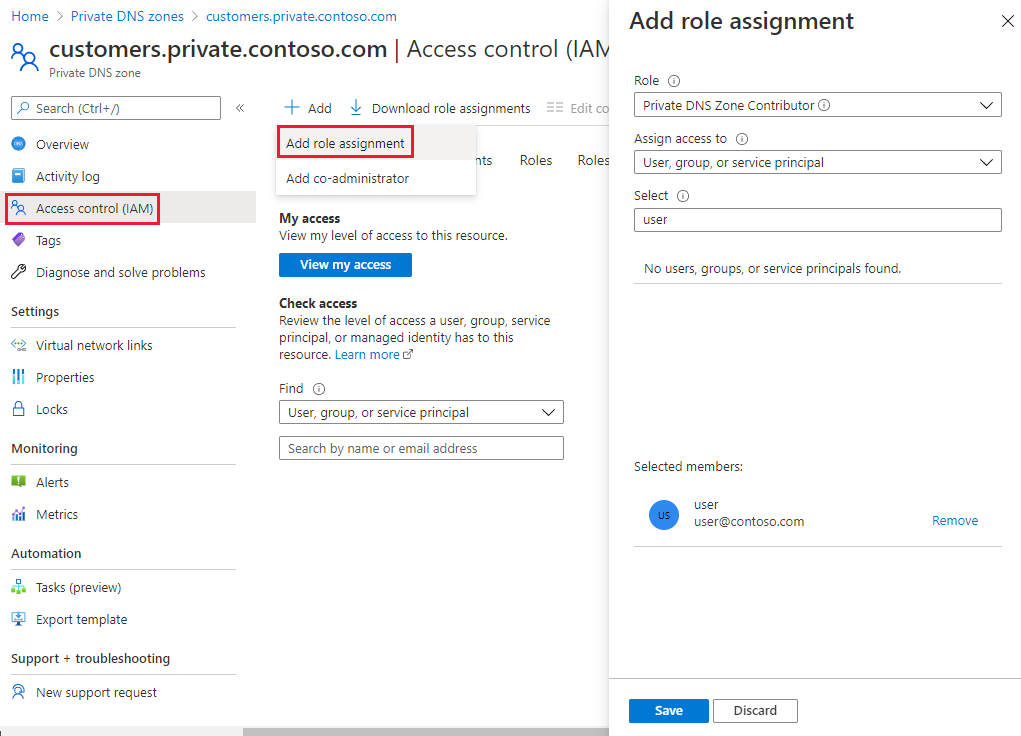 Captura de ecrã do RBAC para a zona DNS privada.