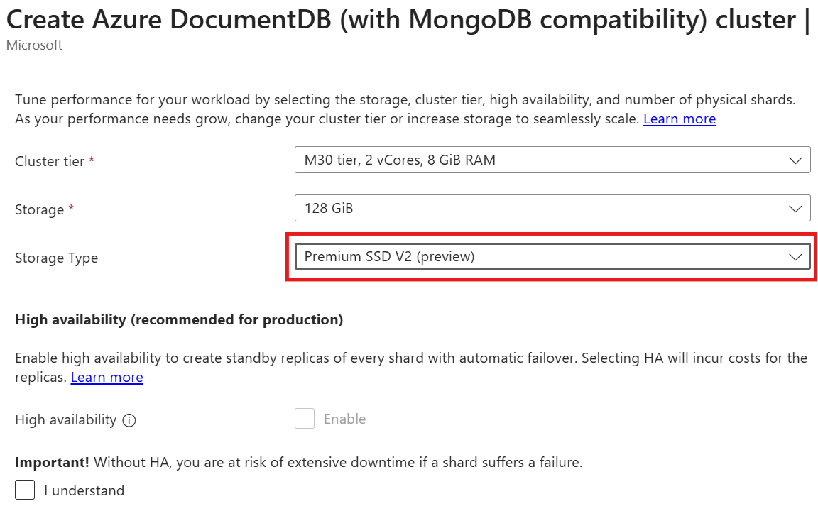 Captura de ecrã da opção de configuração específica para discos SSD premium v2 no Azure DocumentDB.