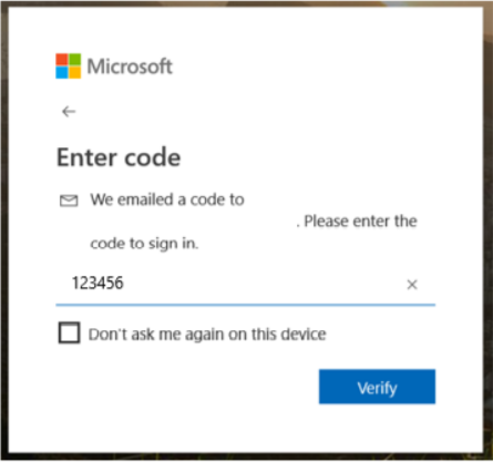 Captura de ecrã que mostra uma mensagem para introduzir um código de início de sessão enviado por e-mail.