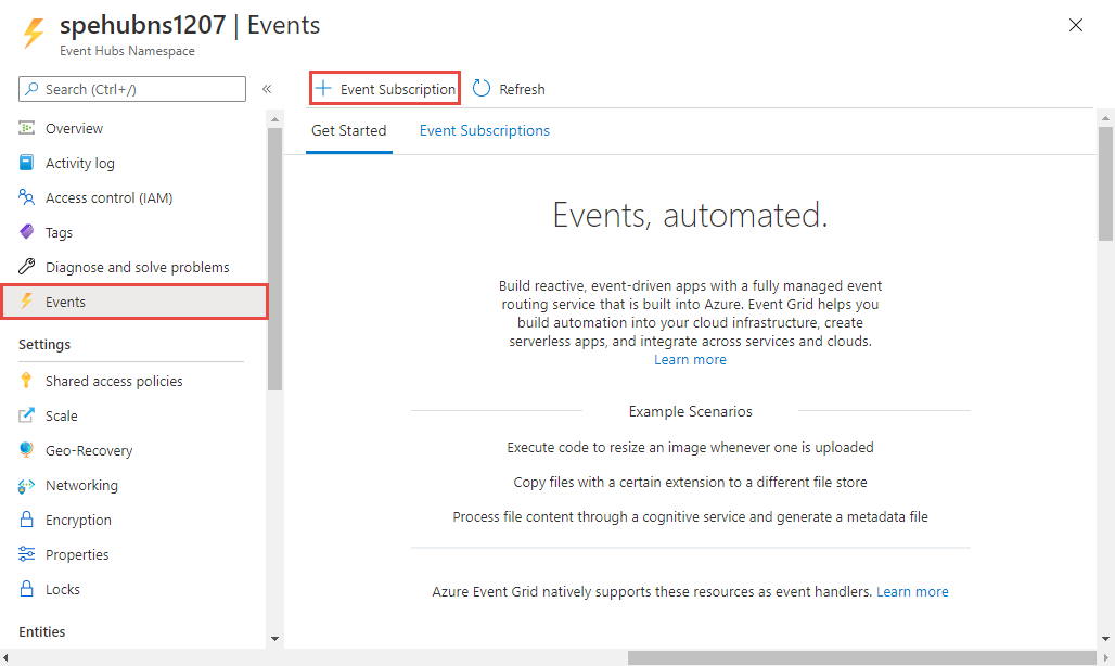 Adicionar ligação de subscrição de eventos na página Eventos de um espaço de nomes dos Hubs de Eventos