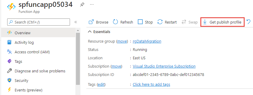 Captura de ecrã a mostrar a seleção do botão **Obter Perfil de Publicação** na barra de comandos da página da aplicação de funções.
